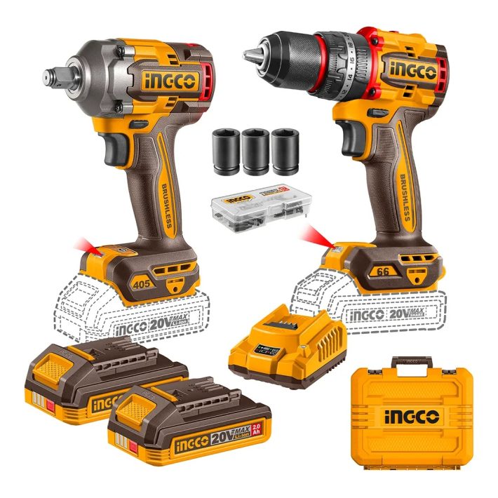 Kit Taladro percutor y Llave de impacto inalámbricos 20V Ingco mod. CKLI20286 BL (Sin carbones)
